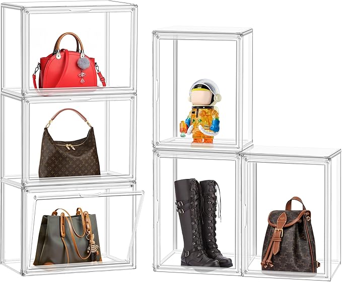 6 Pack X-Large Acrylic Display Case, Size 14 Clear Shoe Box Stackable Sneaker Display Case with Magnetic Lid Multipurpose Storage Bin for Closet for Purses, Handbags, Cosmetics, Collectibles