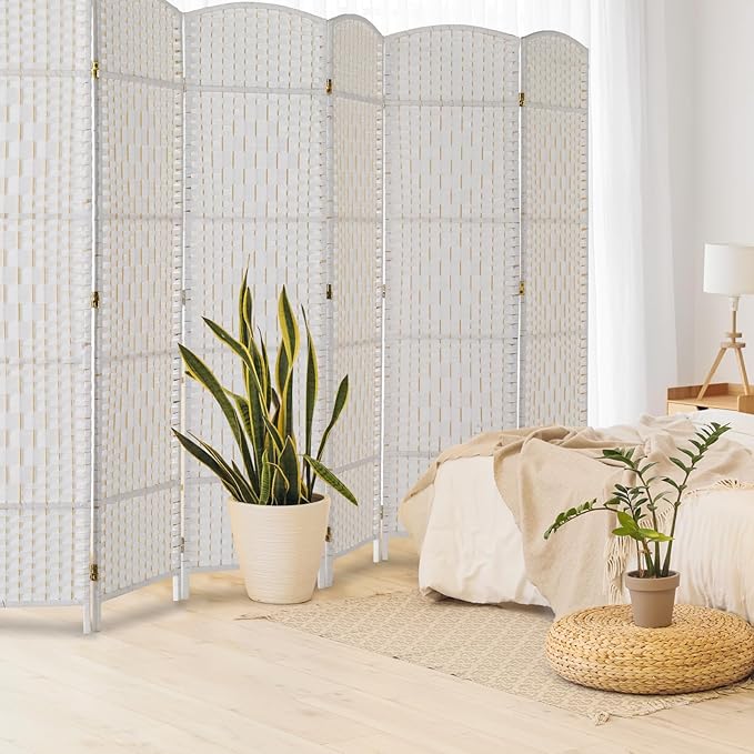 VINGLI 6-Panels Tall Rattan Room Divider, 6 FT Folding Privacy Screen, Indoor Partition Wall Dividers, Freestanding Hinged Space Separator (White)
