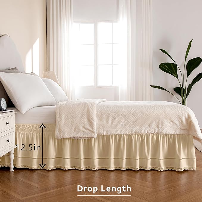 MIYE Wrap Around Ruffled Lace Bed Skirt, Elastic Dust Ruffle with Adjustable Belts, Easy to Put On, Bed Frame Cover, Machine Washable (Floral Lace/Light Beige, King/Queen-12.5" Drop)