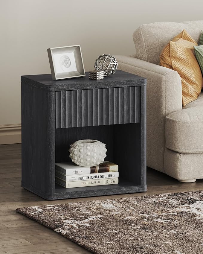 SICOTAS Night Stand Set of 2 Nightstands with Drawer Storage Fluted Bed Side Table End Table Large Modern Wide Bedside Mid Century Night Stands for Bedroom Living Room Sofa Office, Dark Grey Alder