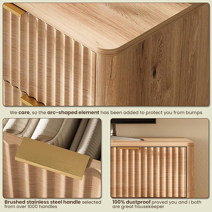 43'' Hight 5 Drawers Dresser for Bedroom,Modern Fluted Vertical Chest with Rounded Corners,Fluted Dresser for Living Room,Hallway, Natural Wood
