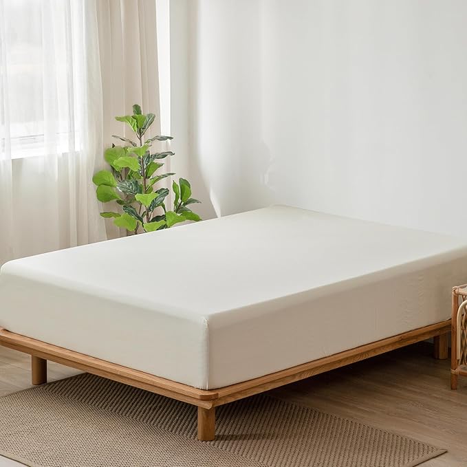 MooMee Fitted Bottom Sheet Only 100% Washed Cotton Linen Like Textured Breathable Durable Soft Comfy Deep Pocket Fits Mattress up to 17" (Cream White, King