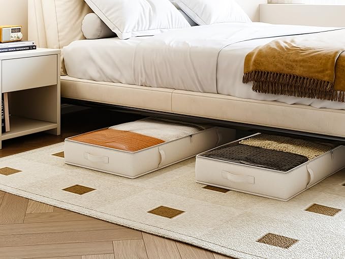 Vailando Under Bed Storage Containers, 6 Inches Tall 60L Underbed Storage Bins with Sturdy Handles and Sidewalls, Closet Organizer for Clothes, Blankets, Seasonal Items, Beige, 2-Pack