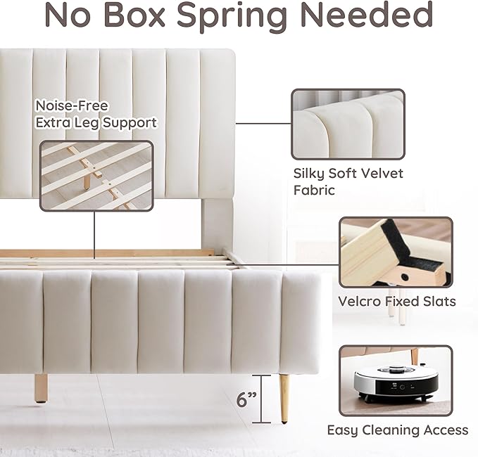 Livinia Full Size Elton Velvet Platform Bed, Upholstered Bed Frame with Vertical Channel Tufted Headboard Footboard, Strong Wood Slats, No Box Spring Needed, Ivory (Full)