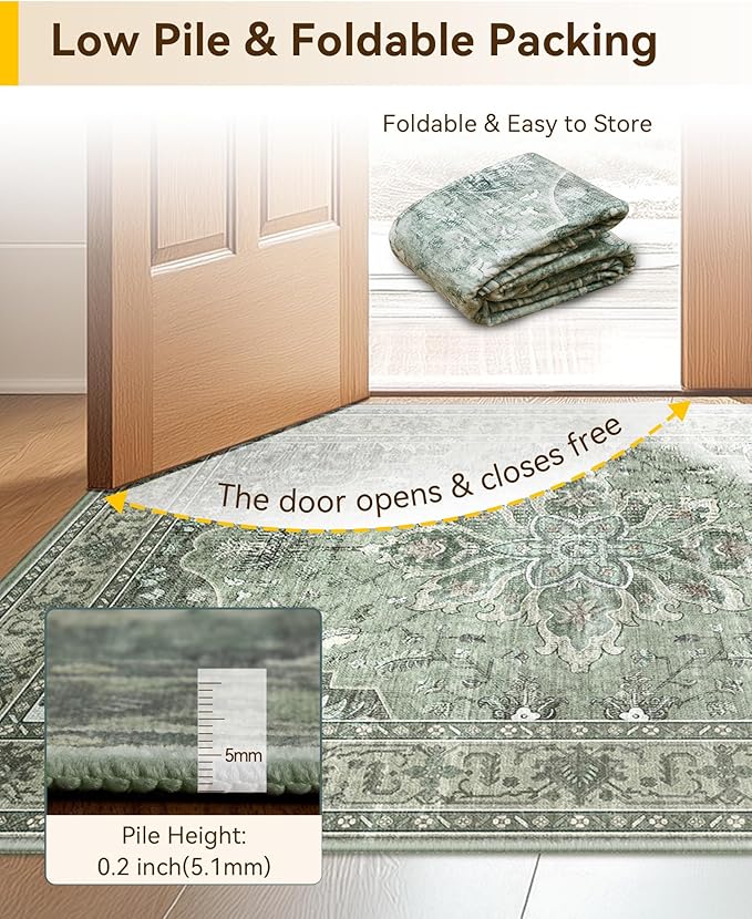 Area Rugs 7'x9' Washable Non-Slip, Floral Vintage Distress Print Pattern Medallion Carpet for Living Room Bedroom Dining Room, Dark Green Gray