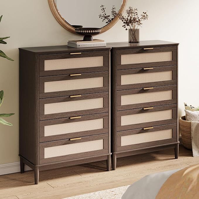 LINSY HOME Rattan Dresser for Bedroom with 5 Drawers, 46" Tall Chest of Drawers, Mid Century Modern Dresser TV Stand with Metal Handle, Wood Closet Storage Cabinet for Living Room, Hallway, Walnut