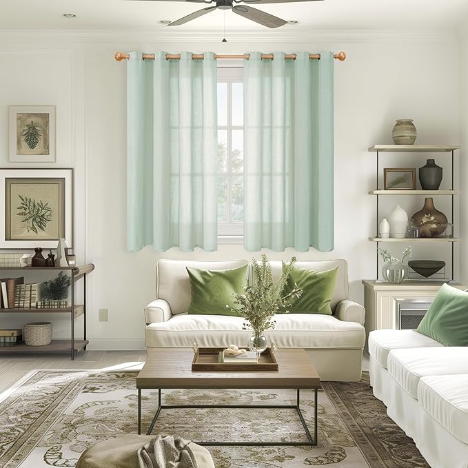 YoungsTex Short Linen Sheer Curtains 54 Inch Length for Window, Light Sage Green Textured Drapes Light Filtering for Bedroom Kitchen Bathroom Lightweight Grommet, 2 Panels, 52 X 54 Inch