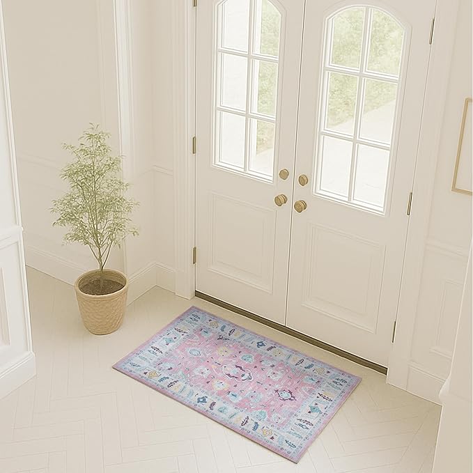 Fame Rugs Pink Modern Oushak Rug 2x3, Vintage Doormat Turkish Colorful Oriental Antique Inspired Washable Small Area Rug, Luxury Living Room Bedroom (385PB, 2' x 3')