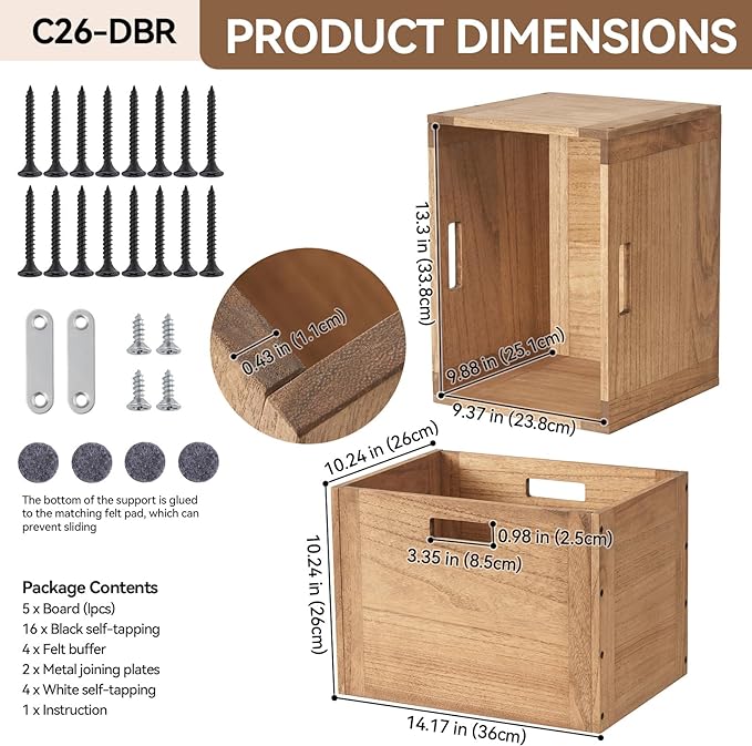KIRIGEN Stackable Wood Storage Cube /Basket/ Bins Organizer for Home Books Clothes Toy Modular Open Cubby Storage System - Office Cubical Bookcase Closet Shelves C26-DBR