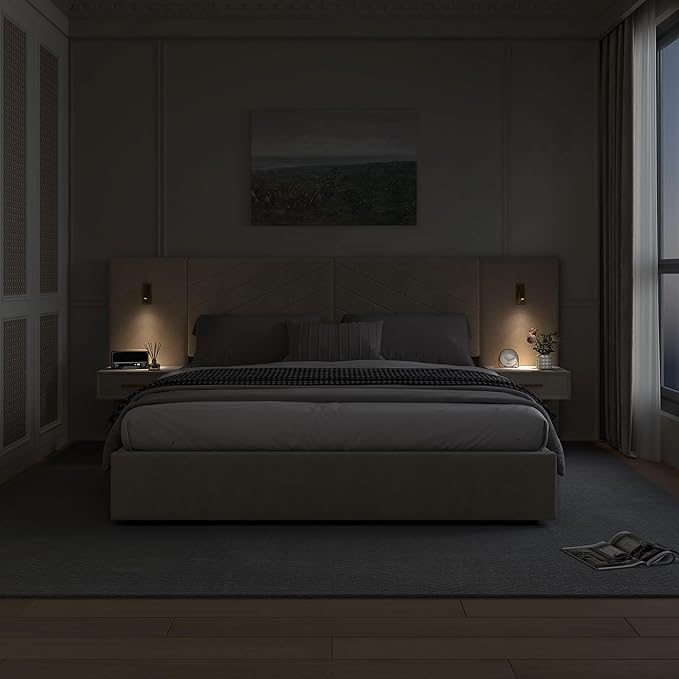 DEINPPA Luxury King Bed Frame with Built-in Gold LED Lights and Nightstands, King Size Platform Bed with Oversize Upholstered Headboard, No Box Spring Needed-Beige