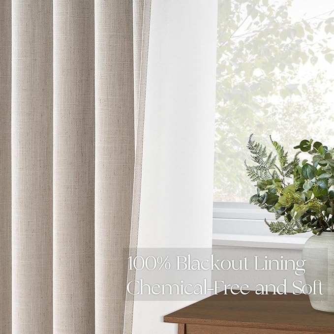 Topfinel Pinch Pleat Full Blackout Curtains & Drapes 84 Inch Length 2 Panels Set, Oatmeal Linen Room Darkening Soundproof Curtains with Hooks Rings for Bedroom Living Room Track System, Beige Ivory
