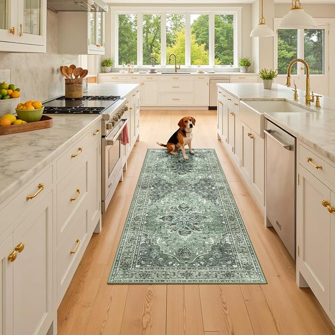 Area Rugs 2'x6' Washable Non-Slip, Floral Vintage Distress Print Pattern Medallion Carpet for Living Room Bedroom Dining Room, Dark Green Gray