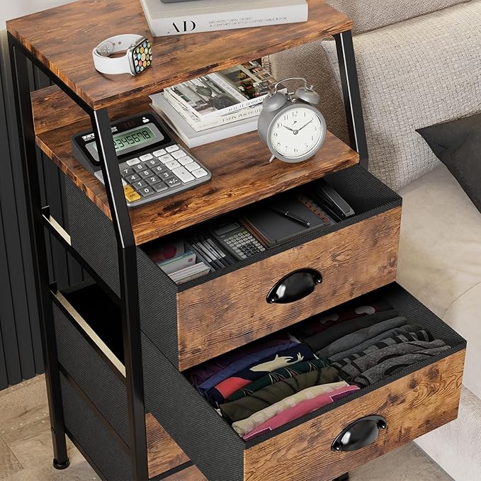 Dresser with 4 Drawers, Fabric Storage Tower for Bedroom, Tall Clothes Storage Drawers, Vertical Closet Organizer for Kids Room, Entryway, Nightstand Bedside Table, Sturdy Steel Frame & Wooden Top