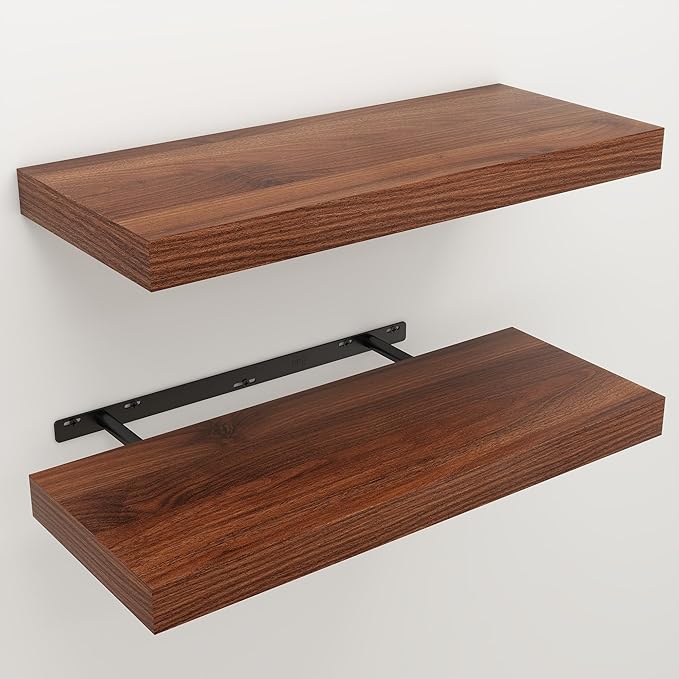 Floating Shelves for Wall, 9.3" Deep Wall Mounted Wood Shelves for Bathroom, Bedroom, Living Room, Kitchen, Hanging Shelf for Books/Storage/Room Decor (Walnut, 24")