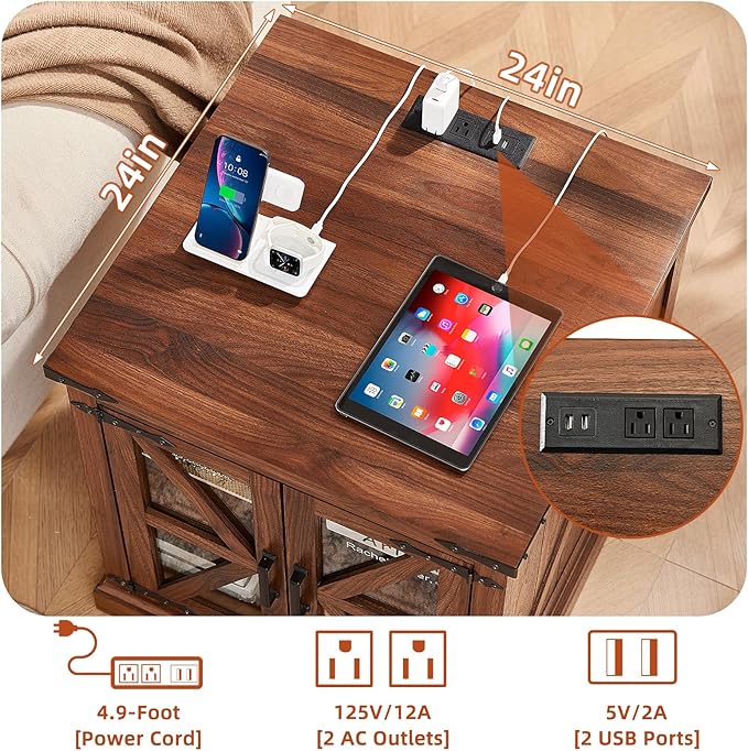 Farmhouse End Table Set 3, Narrow 18'' Night Stand with Glass Barn Door, 24" Square Side Table with Charger Station, Living Room Furniture Sets, Wood Nightstand Bedside Tables for Bedroom