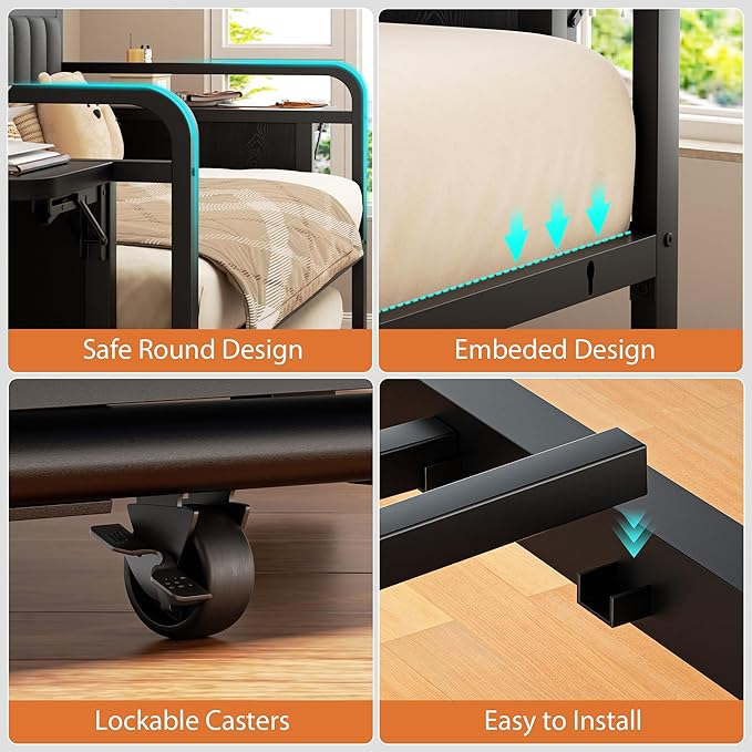 Daybed with Trundle, Twin Trundle Bed Frame - Metal Day Bed with LED Lights, Upholstered Storage Headboard & Charging Station, Pop Up Sleeper, Modern Design for Living Room and Guest Room-Black