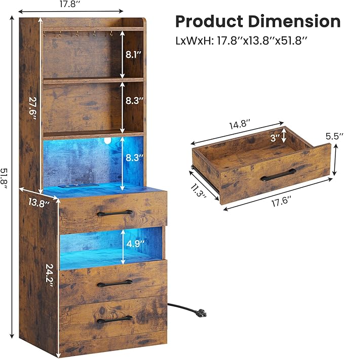 VIAGDO Tall Nightstand with Charging Station and LED Lights, Rustic Brown Night Stand with Bookshelf, Modern LED Bedside Table with 3 Drawers and Storage Shelves, End Side Table for Bedrooms, Dorms