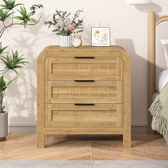 IKENO Wood Nightstand with 3 Storage Drawer, 21" Wide Night Stand with Curved Profile Design, Bedside End Table for Bedroom, Living Room, Closet (1, Natural Oak, 3 Drawer)