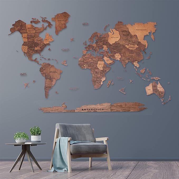 Handmade 3D Wood World Map Wall Art Large Wall Decor Track Your World Travels - Special for Home, Kitchen and Office (X-Large, Oak)
