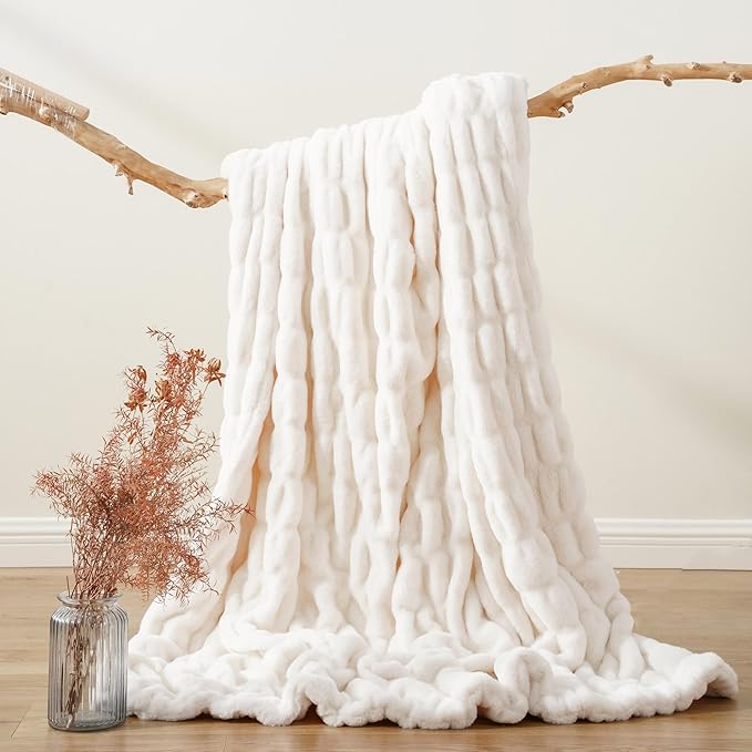 BATTILO HOME Cream Faux Fur Throw Blanket, Double Side Ruched Rabbit Fur Blanket for Couch, Bed, Super Soft Cozy Fuzzy Mink Blanket, 50"x60"(Ivory)
