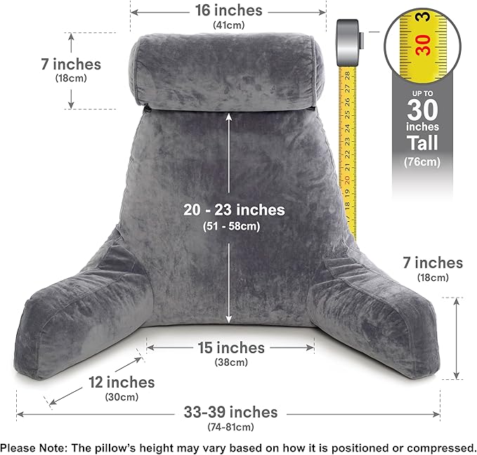 Husband Pillow XXL - Reading Pillow Bed Chair with Arms & Back Support - Dark Grey - Back Pillow for Sitting Up - Bed Rest Arm Pillow - Comfy Reading Pillow for Adults