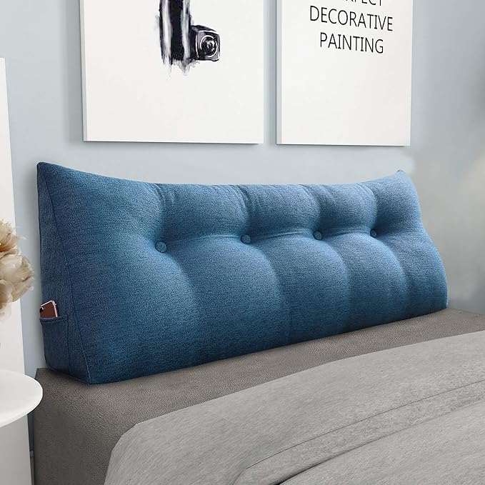 homecozy Wedge Headboard Pillow Dorm Room Reading Pillow Back Support for Sitting Up in Bed Bolster Lumbar Cushion Body Positioning Bedrest Cotton Linen 54in Blue Full