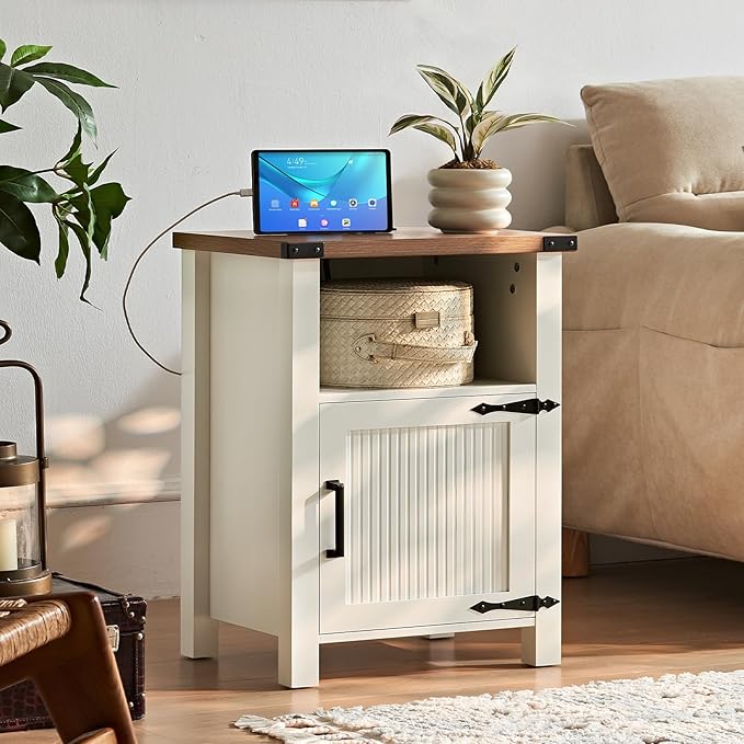 Joaxswe Nightstand with Charger Station and USB Port, 18 Inch Farmhouse Night Stand with Storage Shelf, Modern Couch Side Table with Magnetic Door, Bedside Tables for Bedroom, Home, Antique White