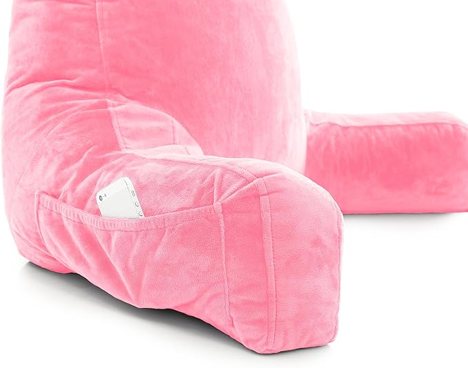Husband Pillow XXL – Reading Pillow Bed Chair with Arms & Back Support – Pink - Back Pillow for Beds Sitting Up – Bed Rest Arm Pillow – Comfy Reading Pillow for Adults