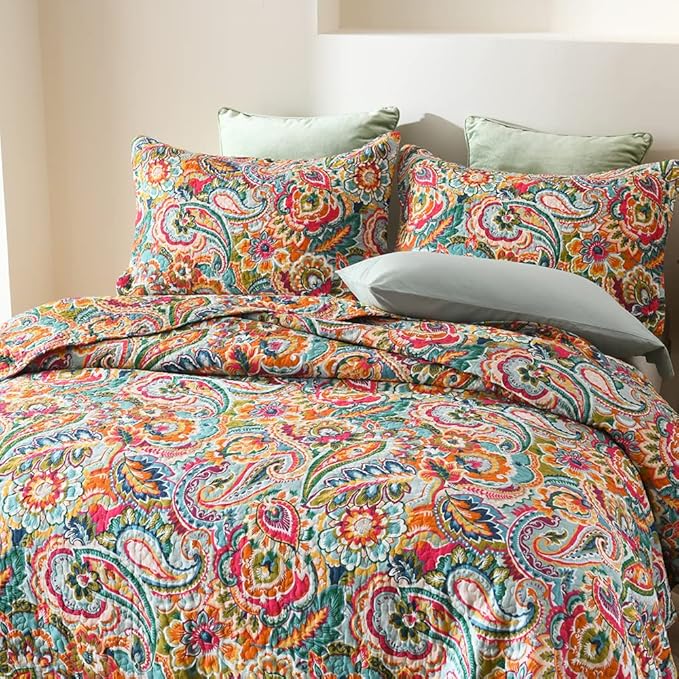 Cotton Bedspread Quilt Sets, Reversible Bedding Coverlet Sets Comforter, Gorgeous Red Floral Paisley Bedspread, King Size