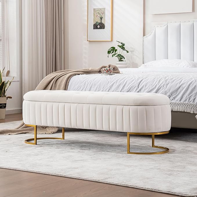 Velvet Storage Bench for Bedroom, Modern Tufted End of Bed Bench for King Size Bed, Upholstered Long Ottoman Bench with Gold Legs for Living Room/Entryway (Ivory White, 55" Wide)