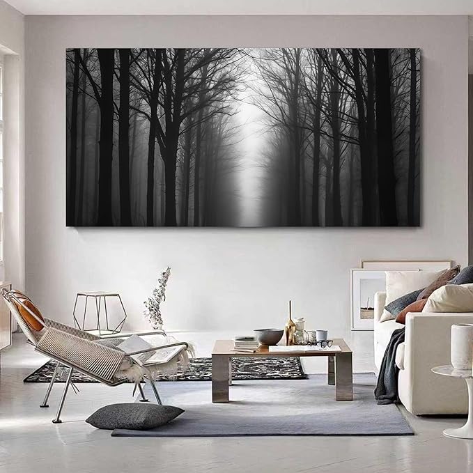 Trogonup Misty Forest Canvas Wall Art Black and Grey Tree Landscape Canvas Print Large Artwork for Living Room Bedroom Office Dining Room 29"x58"