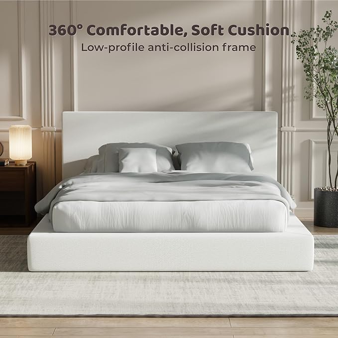 RECCI Cloud Upholstered Queen Bed Frame with Headboard, 5 Inch Foam Padded Platform, No Box Spring, Easy Assembly (Snow White)