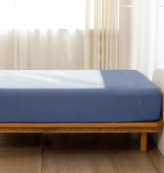 MooMee Fitted Bottom Sheet Only 100% Washed Cotton Linen Like Textured Breathable Durable Soft Comfy Deep Pocket Fits Mattress up to 17" (Blue, Queen) New