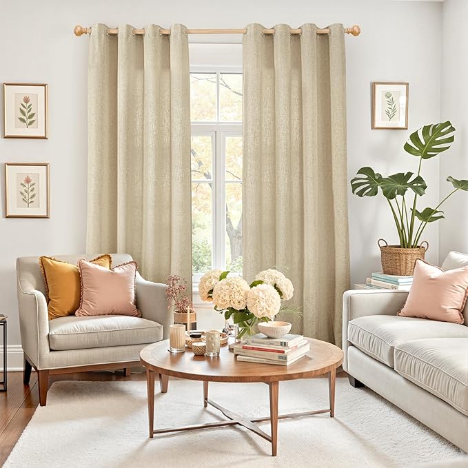 YoungsTex Extra Long Linen Curtains 95 Inch Length for Farmhouse Living Room - Burlap Tan Light Filtering Drapes Grommet Privacy for Country Bedroom, 2 Panels, 52 X 95 Inch