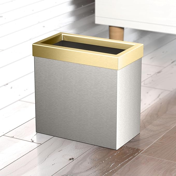 Gatco 1917B Modern Rectangle Waste Basket, Satin Nickel and Brushed Brass Combo - Stainless Steel Trash Can with Removable Lid, Leakproof, 3 Gallon Capacity for Bathroom, Bedroom, Kitchen, or Office