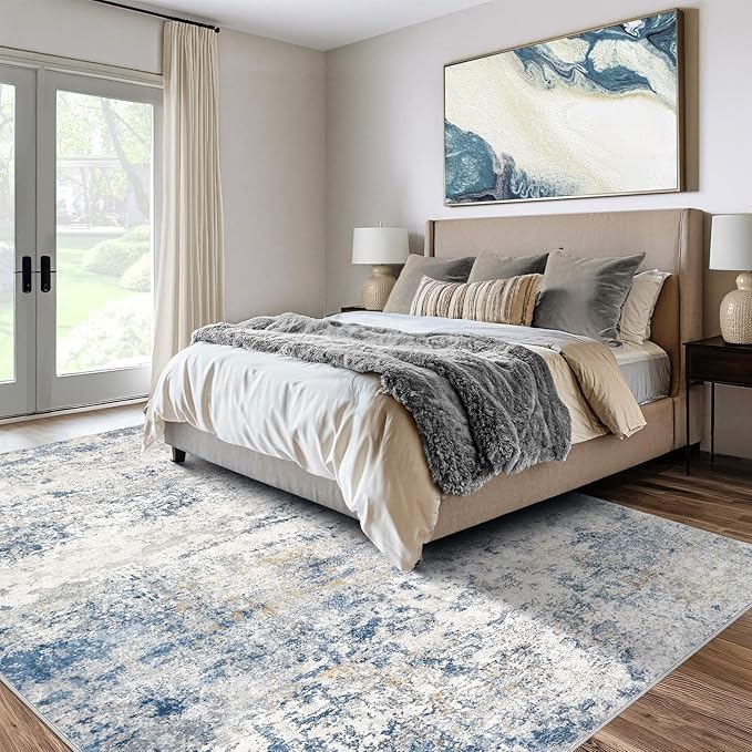 Area Rug Living Room Rugs - 7x9 Abstract Large Soft Indoor Washable Rug Neutral Modern Low Pile Carpet for Bedroom Dining Room Farmhouse Home Office - Blue