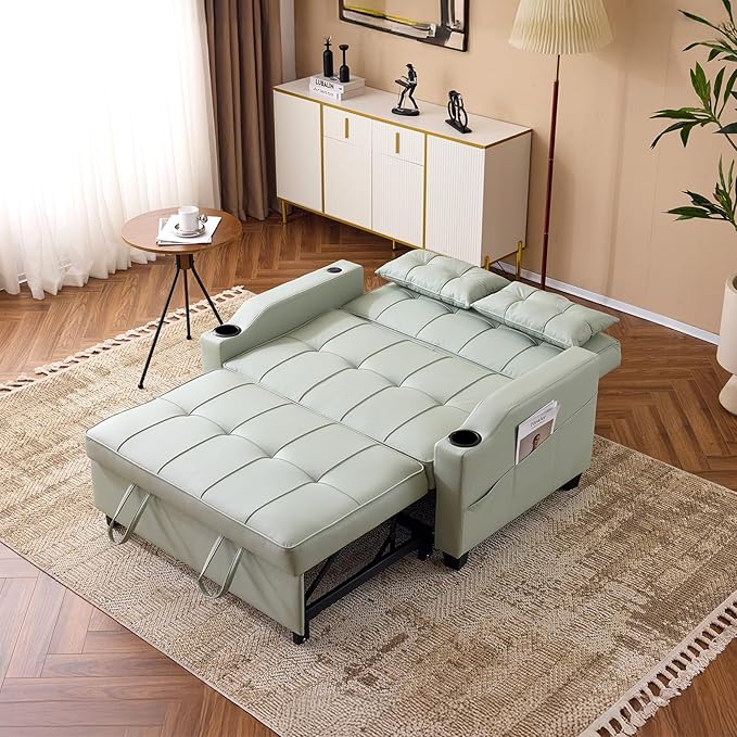 VINGLI Green Futon Sofa Bed Convertible Loveseat Sleeper Couch, Faux Leather Pullout Sofa Fold Out Couch Bed with USB Ports, Cup Holders, Armrest for Living Room, Bedroom Apartment Room