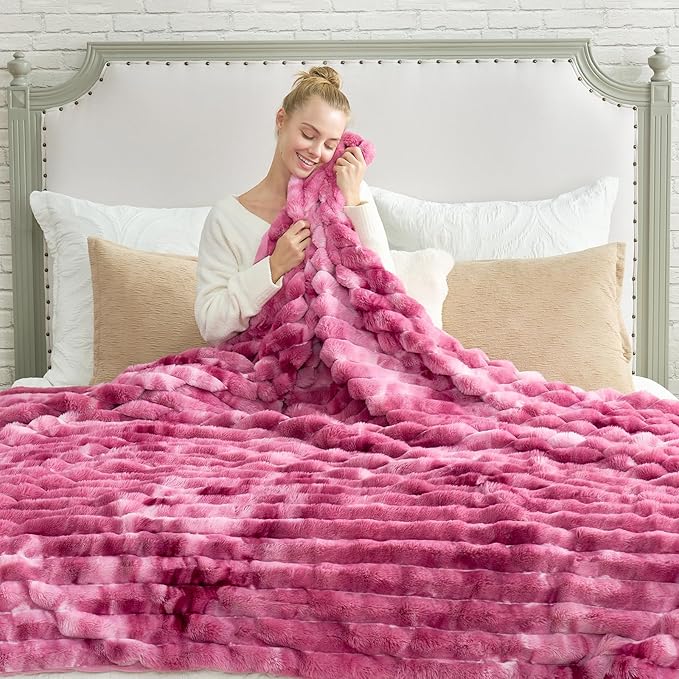 Cozy Bliss Faux Fur Throw Blanket for Couch, Cozy Warm Plush Striped Blanket for Sofa Bedroom Living Room, 108 * 90 Inches Tie-dye Pink