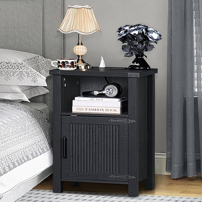 Joaxswe Night Stand, 18 Inch Farmhouse Nightstand with with Charging Station and USB Port, Rustic Couch End Table with Magnetic Door, Wood Bed Side Tables for Bedroom, Home, Black