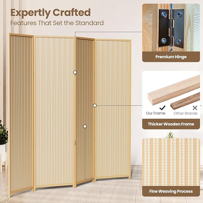 4 Panel Room Divider and Extra Wide Folding Privacy Screen, 63" W x 67" H, Bamboo Room Divider for Room Separation