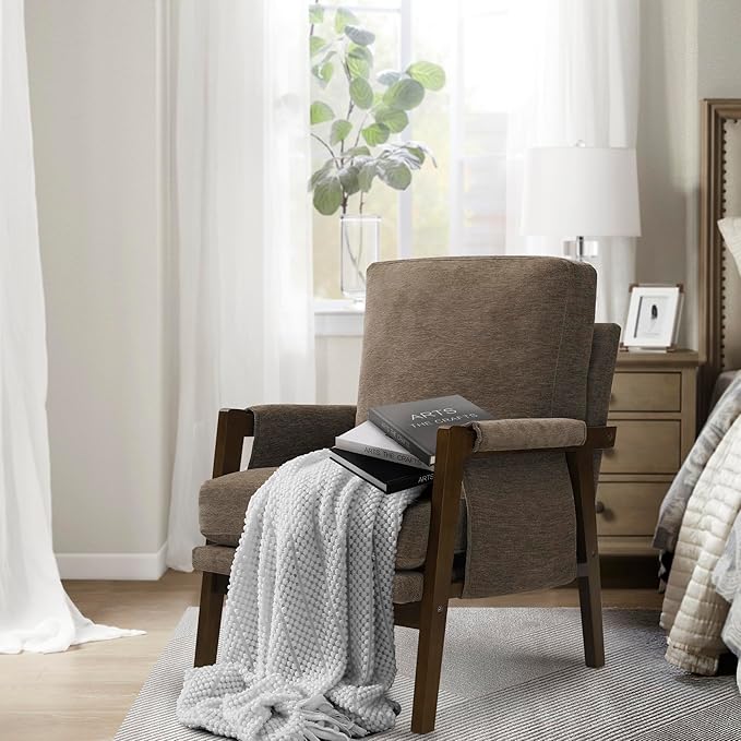 Dark Brown Accent Chair for Bedroom & Living Room, Mid Century Modern Accent Arm Chair, Upholstered Anthropologie Accent Chair with Solid Wood Frame, Fabric