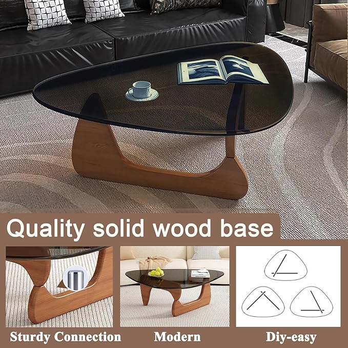 Modern Glass Coffee Table, Mid Century Small Coffee Table, Coffee Table for Living Room,Suitable for Bedroom Living Room Reception Office Tables (Walnut/Grey, Small)