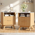Modern Nightstand Set of 2, Bedside Tables with Charging Station & Drawer, Mid-Century End Tables for Bedroom, Sturdy Storage Side Tables,Natural Oak