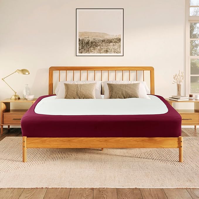 Biscaynebay Decorative Box Spring Cover Full & Full XL Size, Burgundy Luxurious Jersey Knitting Stretchy Wrap Around 4 Sides Bed Skirt for Home/Hotels, Easy Fit Wrinkle & Fade Free Machine Washable