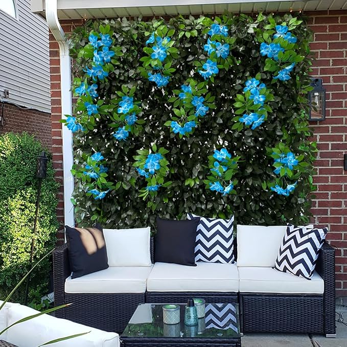 Sumery Expandable Fence Privacy Screen for Balcony Patio Outdoor,Decorative Faux Ivy Fencing Panel,Artificial Hedges (Single Sided Leaves) (2, Branches -Blue Fowers)