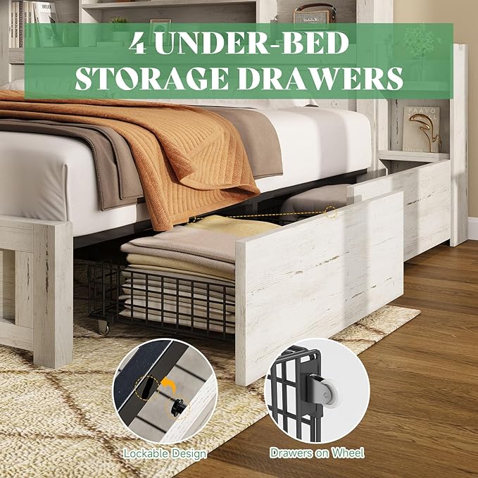 AMERLIFE Queen Bed Frame with 4 Storage Drawer, LED Bed Frame with 49.6" Tall Bookcase Headboard, Wood Platform Bed with Charging Station & 2 Slide Bedside Shelf, No Box Spring Needed/Distressed White