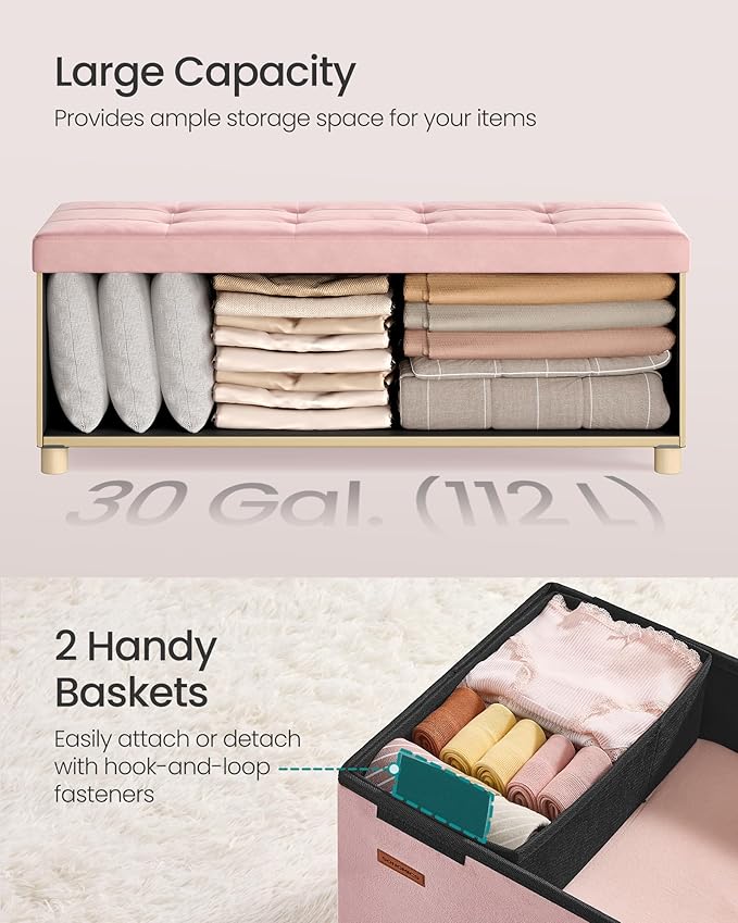 SONGMICS Storage Ottoman Bench, Folding Storage Chest, 15 x 43.3 x 15.7 Inches, Foot Rest Stool, 30 Gal. (112 L), Velvet Surface, for Bedroom, Entryway, Living Room, Jelly Pink ULSF0518R02