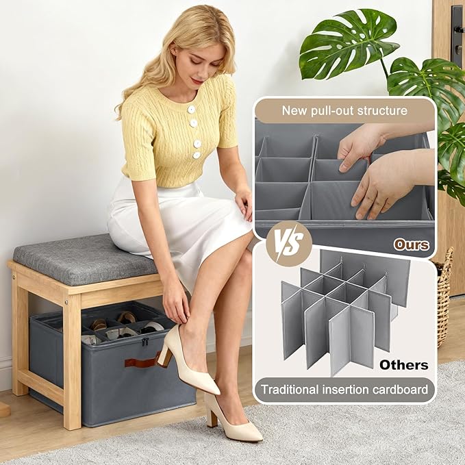 Shoe Organizer for Closet, Foldable Shoe Storage Box with Clear Top Lid, 3 Leather Handles, Adjustable Dividers, Fits 8-16 Pairs, Stackable Shoe Bin for Bedroom (Gray, 1 PCS/16.9*11.8*1.57 inch)