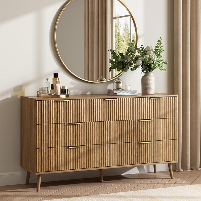 CARPETNAL Fluted 7 Drawer Dresser for Bedroom, 55" Wide Wooden Chest of Drawers with Rounded Corners, Gold Handles, Modern Storage Organizer for Bedroom, Hallway(Walnut)