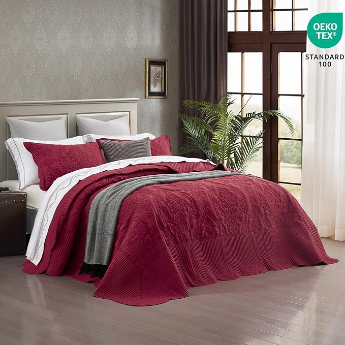 CHIXIN Bedspread Coverlet Quilt Set Full Size - Lightweight Bedding Cover - Beautiful Stitching - 5 Piece Reversible Bedspread - Gorgeous Damask Paisley Pattern (Full, Wine Red)
